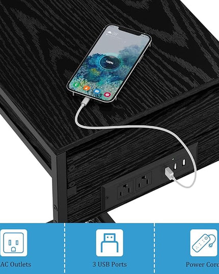 2 Tier Computer Tower Stand with Drawer, CPU Holder Stand with Charge Station and USB Charging Port, Printer Cart with Wheels for Home Office Fax, Black