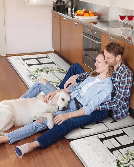 KIMODE Anti Fatigue Kitchen Mats for Floor, Farmhouse Kitchen Rugs Sets of 2, Cushioned Kitchen Floor Mats, Comfort Standing Mats for Sink, Laundry, Office, Desk White 20"x47"+20"x32"