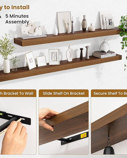 Fun Memories 55 Inch Floating Shelves Bedroom, Large Extra Floating Shelf Set of 2 with Invisible Brackets, Walnut
