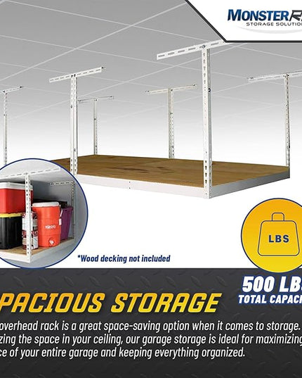 MonsterRax 4x8 Overhead Garage Storage Rack Frame Kit - Hanging Storage Shelves, Ceiling Storage Rack System, Overhead Garage Organizers And Storage, Ceiling Shelving - (White, 18"-33")
