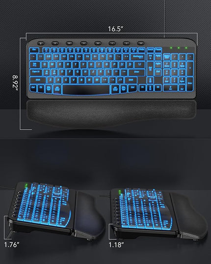 SABLUTE Ergonomic Keyboard, USB Wired with Cushioned Wrist & Palm Rest, 7-Color Backlit Adjustable Brightness for Windows, macOS, Desktop, Laptop & PC