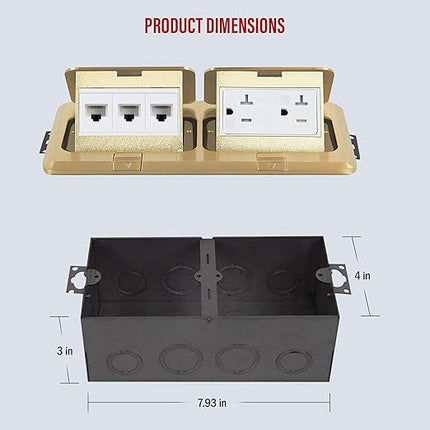 ENERLITES Dual Pop-Up Floor Box Kit, 8.68" X 4.75" Cover, 20A Tamper-Weather Resistant Receptacle Outlets, RJ45 Data Ports, Watertight Gasket, Corrosive Resistant Hardware, Brass (962301-C-D)