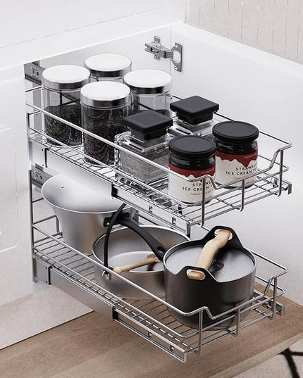 2 Tier Pull Out Cabinet Organizer 15" W X 22" D, Slide Out Drawers For Kitchen Cabinets, Pull Out Drawers For Cabinets Capacity Heavy Duty Caddy, Cabinet Pullout Shelves Chrome-Plated,Bathroom Pantry | Slide Out Drawers, For Kitchen Cabinets, Heavy Dut...