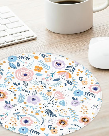 Pink Flowers Round Mouse Mat, Funny Small Mouse Mat with Non-Slip Rubber Base, Home Office Decor Desk Accessory, 8.7inch Round