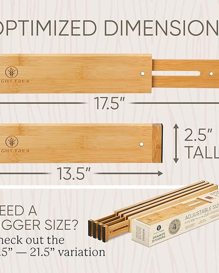 Night Tree Expandable Bamboo Drawer Dividers – Spring-Loaded Wooden Organizers for Clothes, Kitchen Utensils, Bathroom, and Dresser Drawers (13.5" to 17.5")