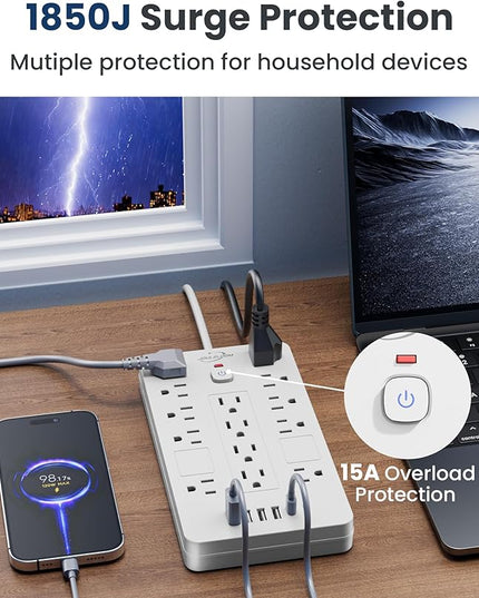 Surge Protector Power Strip-14 Outlets and 6 USB Ports, 6 Feet Flat Plug Extension Cord, 1850 Joules, White, ETL Listed for Home, Office, Dorm Room