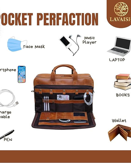 LAVAISH Handmade Full-Grain Leather Briefcase for Men & Women–17" Laptop Bag with Computer Compartment Office Satchel Bag