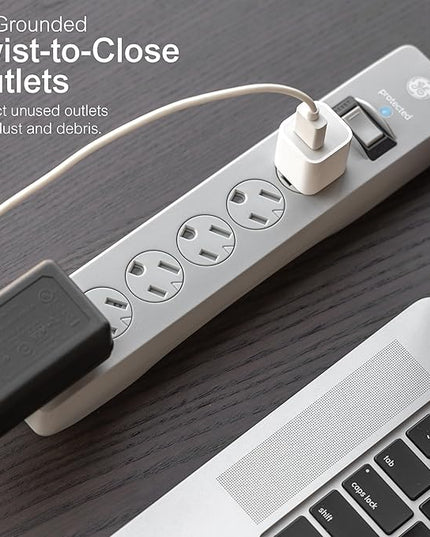 GE Surge Protector Power Strip, 25 Ft Extension Cord, 6 Outlet Extender, 800 Joules, Flat Plug, Twist-to-Close Safety Covers, UL Listed, Gray, 62470
