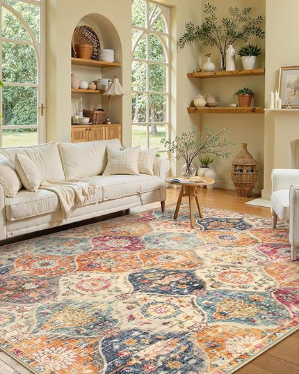 Lahome Moroccan Machine Washable Rugs for Living Room, 4x6 Rug for Bedroom Non-Slip Vintage Trellis Ultra-Thin Throw Carpet for Dining Room Office Nursery, Cream/Multi