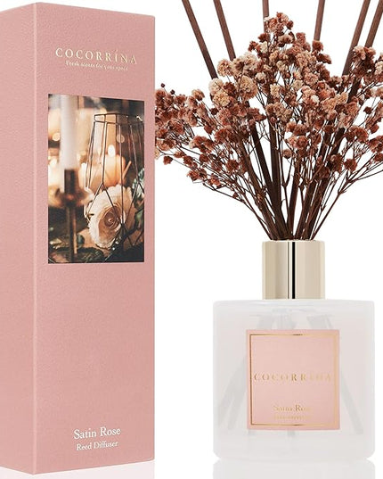 Cocorrína Reed Diffuser Sets- Satin Rose Scented Diffuser with Sticks Home Fragrance Reed Diffuser for Bathroom Shelf Decor
