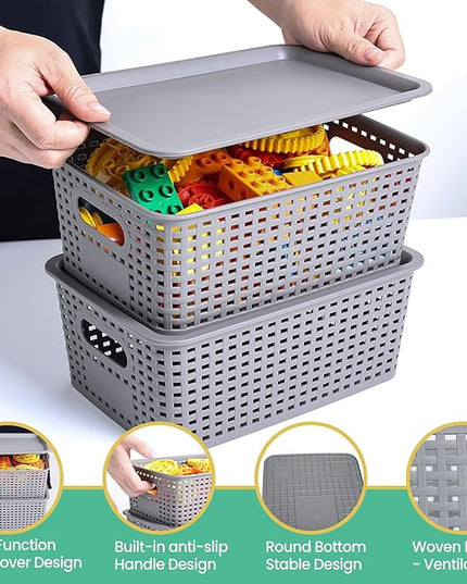 Plastic Storage Baskets with Lid-Plastic Storage Containers Stackable Storage bins: Storage Baskets for Organizing Shelves Drawers Desktop Closet Playroom Classroom Office, 8Pack-Gray,10.2x7.2x4.1Inch