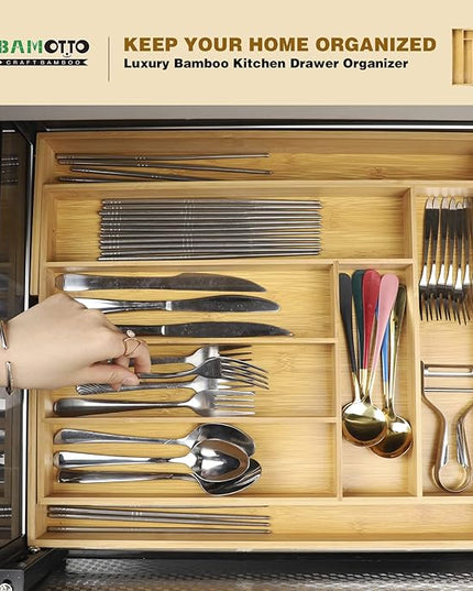 Expandable Bamboo Drawer Organizer – Large 20"x16.9" Size with Adjustable Dividers – for Kitchen Utensils, Knives, Cutlery, Flatware & Silverware Storage Tray