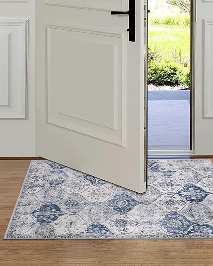 Lahome Moroccan Trellis Washable Rug, 2x3 Kitchen Rugs for Entryway Bathroom, Non-Slip Indoor Door Mat Ultra-Thin, Small Oriental Throw Carpet for Bedroom Entry, White/Royal Blue
