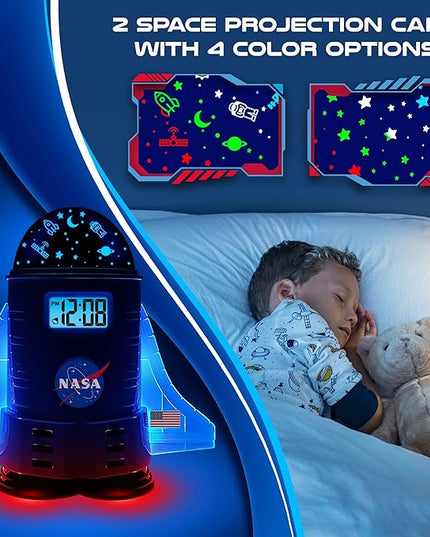 Sharp NASA Space Shuttle Night Light Alarm Clock – Wings and Booster Lights Up – Space Design Nightlight Fun with 4 Color Options and 2 Space Themes for Bedroom, Great Gift!
