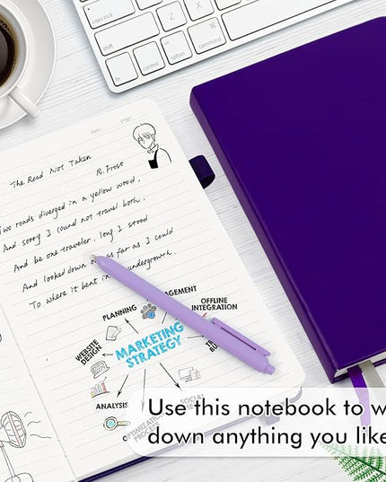 feela 12 Pack Notebooks Journals Bulk, Hardcover Notebook Classic Ruled Journal Set with Pen Holder for School Business Work Travel Writing, with 12 Black Pens, 120 GSM, 5.1”x8.3”, A5, Purple