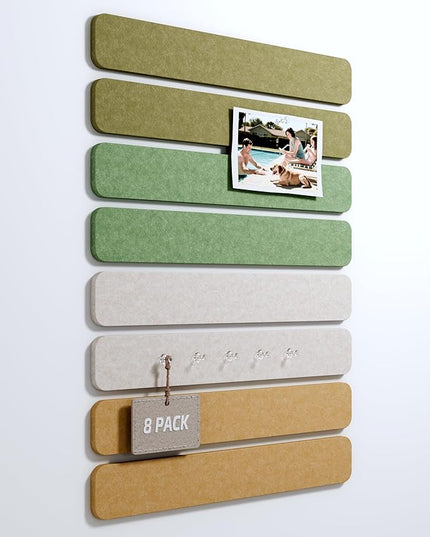 Cork Board Alternative Felt Strip Board 8-Pack 13"x2", Office Pin Board with 50 Push Pins, Adhesive Install for Bedroom Door & Home Office(Olive Grove)