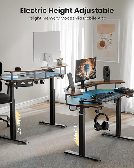 EUREKA ERGONOMIC Aero 55 Inch W Shaped Electric Standing Desk, Height Adjustable Computer Gaming Desk with LED Monitor Shelf, Mouse Pad, Headphone Hook, Cup Holder, Dark Walnut