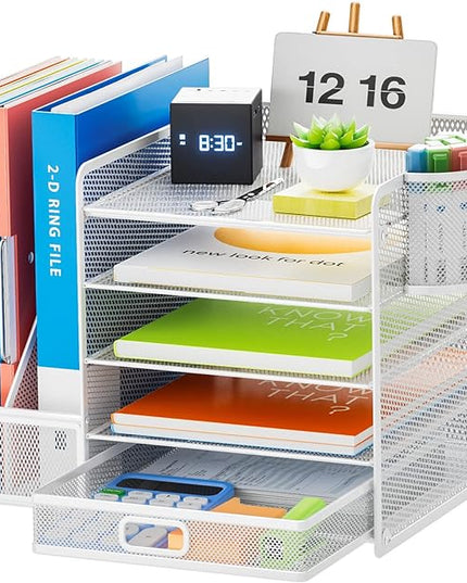 Marbrasse Desk Organiser with File Holder, 5-Tier Paper Letter Tray Organiser with Drawer and 2 Pen Holder, Mesh Desktop Organizer and Storage with Magazine Holder for Office Supplies(White)