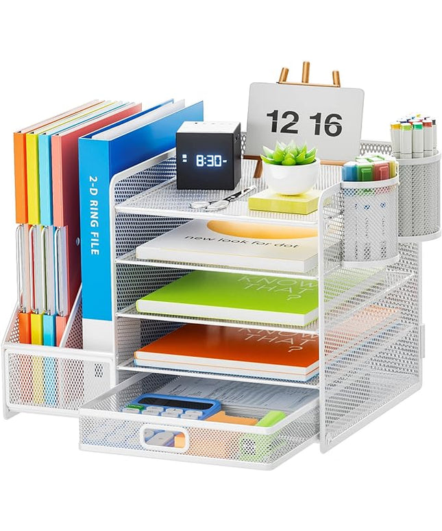 Marbrasse Desk Organiser with File Holder, 5-Tier Paper Letter Tray Organiser with Drawer and 2 Pen Holder, Mesh Desktop Organizer and Storage with Magazine Holder for Office Supplies(White)