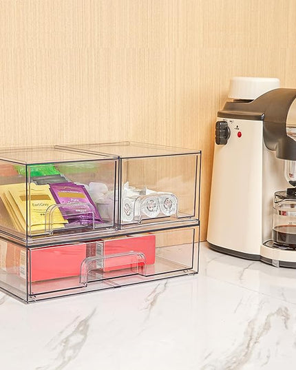 Vtopmart Stackable Storage Drawers Set of 4, Clear Plastic Organizer Bins for Bathroom Supplies,Ideal for Cabinet,Pantry,Laundry Room Organization