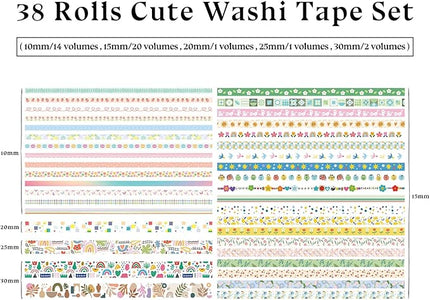 Bomichi 38 Rolls Washi Tape, Aesthetic Colored Decorative Cute Scrapbook Tape for Scrapbooking Supplies Journaling Craft Junk Journal