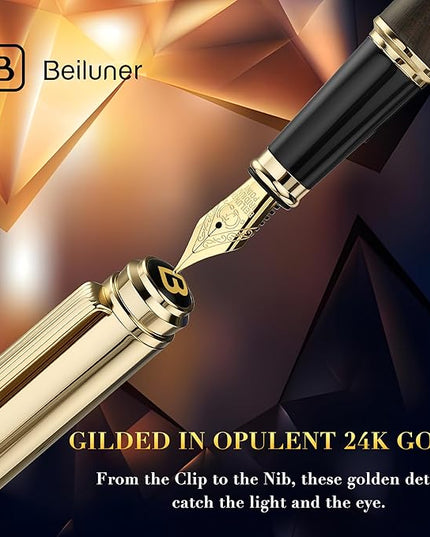 BEILUNER 316 Fountain Pen,Stunning Luxury Blackwood,24K Gilded Nib(Fine),Gorgeous 24K Gold Finish, Ink Converter,Fancy Gift for Men&Women-Elegant,Executive,Graduation Pens for Writing, BK-F