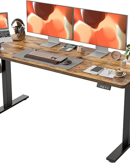 TIQLAB Electric Standing Desk, Adjustable Height Stand up Desk, 63 * 24 Inches Sit Stand Home Office Table with Splice Board, Rustic Brown