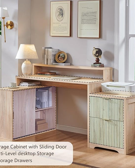 JXQTLINGMU 67" Modern L Shaped Desk with Storage Cabinet & Drawers, Wood Home Office Desk with Power Outlets, Fluted Computer Writing Desk, Natural Oak
