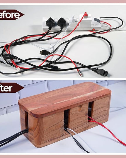 Cable Management Box & Cord Organizer- Cable Organizer for Desk, Home, Office. Hides Wires, Surge Protectors, Power Strips. Eco Friendly Mango Wood Cord Management Solution (Natural Acacia)