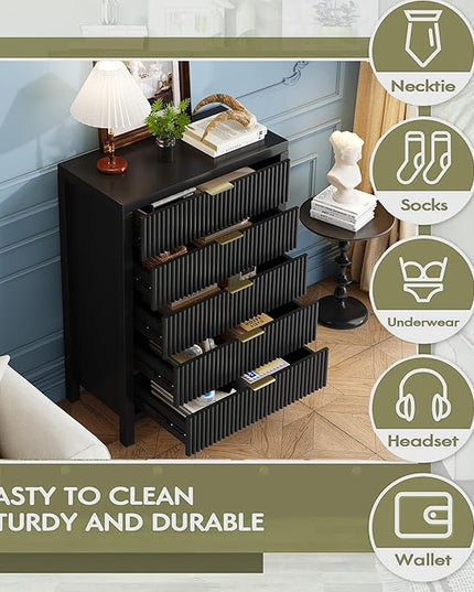 JZXSHD 5 Drawer Dresser, 43" Tall Dresser Organizer TV Drawer Cabinet Modern Wood Storage Cabinet, Modern Wood Storage Cabinet for Bedroom, Hallway, Entryway, Black Oak X 2