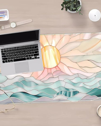 Desk Mat Gaming Desk Pad Large Mouse and Keyboard Pad, Abstract Serene Ocean Sunrise Mouse Mat XXL, Pastel Desk Protector Mat Computer Mats for Desktop Sun & Waves Office Decor 31.5" x 15.7"
