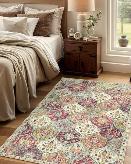 Lahome Moroccan Machine Washable Rugs for Living Room, 4x6 Rug for Bedroom Non-Slip Vintage Trellis Ultra-Thin Throw Carpet for Dining Room Office Nursery, Orange/Terracotta