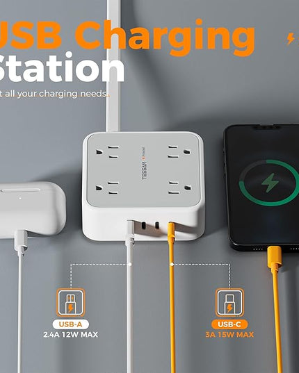 Surge Protector Power Strip, TESSAN 5 FT Extension Cord with Multiple Outlets Flat Plug, 4 USB (3 USB C) and 8 AC Outlets, 900J Protection, Wall Mount Charging Station for Home Office Supplies