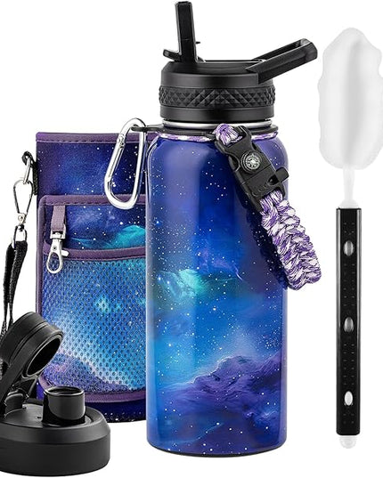 32oz Insulated Water Bottle, Triple Wall Vacuum Stainless Steel Water Bottles - Keeps Cold 48H, Reusable Metal water flask Jug for Gym, Sports, Camping, Hiking,Travel, Aurora-Purple