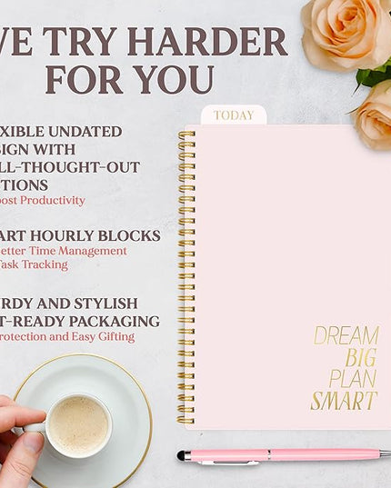 Decorably 168 Pages Daily Planner Undated Notebook with Hourly Schedule - 6.3x9.3in Gold Spring-Bound, with Top Priorities, to-dos, Notes, Ideas & Inspirational Quotes - Home, School, Office