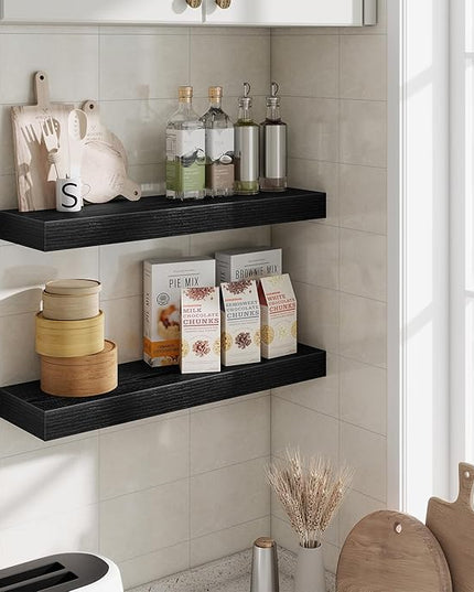 Fun Memories Floating Shelves Set of 2, 24 Inch Floating Shelves for Wall, Wood Wall Shelves with Invisible Brackets, for Bathroom, Bedroom, Living Room, Kitchen, Black
