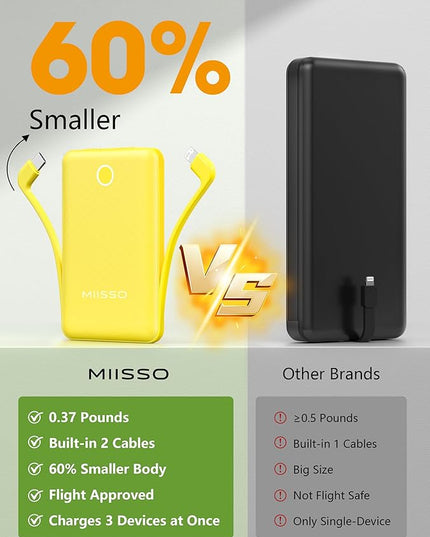 miisso 10000mAh Mini Portable Charger with Built in Cable, Pocket Size Power Bank Travel External Battery Pack for Phone, 3 Output USB Type C Cord Clutch Compatible with iPhone, Samsung, Yellow
