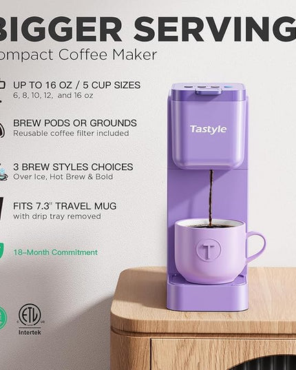Single Serve Coffee Maker Hot and Iced with Bold Brew, Small Coffee Machine for K Cup and Ground, Fits 7.3'' Travel Mug, Brews up to 16 Oz, 5 Cup Sizes, Compact for Office, RV& Hotel, Lavender