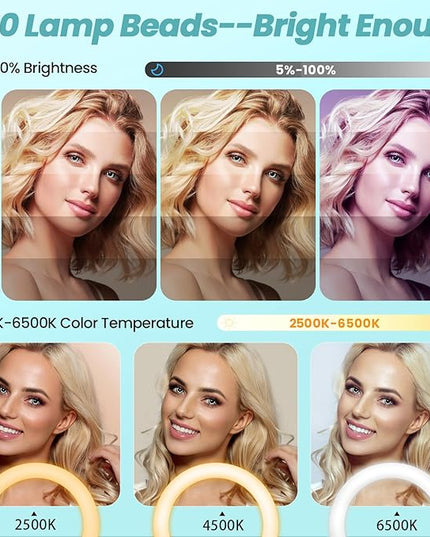 MACTREM 22" Foldable Ring Light with Stand for iPhone ipad, 75" Tripod with Wheels 50W 6500K LED Display/2 USB Ports Large Ringlight Rolling, Tattoo Barber Makeup Studio Video Photography Lighting
