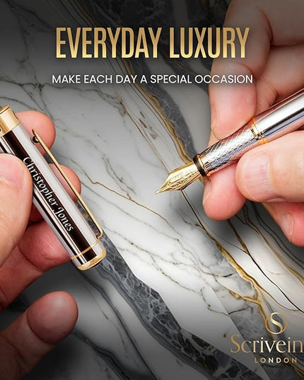 Scriveiner Personalized Silver Chrome Fountain Pen - Stunning Luxury Pen, Real Gold Plating, Schmidt Gilded Nib (Medium) Best Engraved Pen Gift Set for Men & Women, Custom Name Engraving