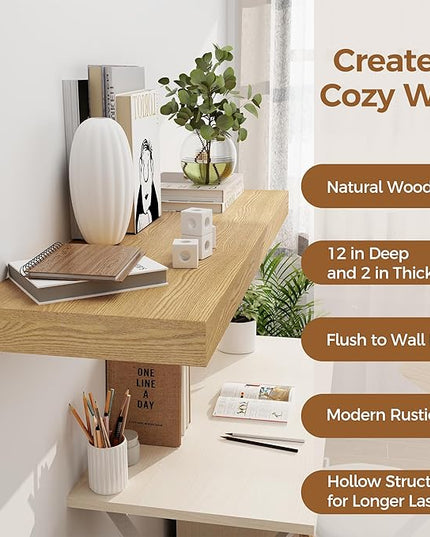 Floating Shelves 36 Inch Long, 12 Inch Deep Floating Shelves for Wall, 36 x 12 Shelves for Wall Storage & Display, 2" Thick Floating Shelf for Bathroom, Living Room, Bedroom, Oak Color, Set of 1
