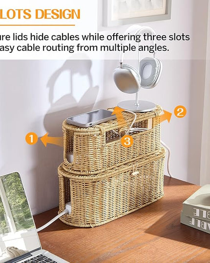 FairyHaus Cable Management Box 2Pack Caramel, Handwoven Large and Small Cable Organizer Box Cover to Hide Cords and Power Strip, Imitation Wicker Cord Organizer Box Hider for Office Desk and Floor