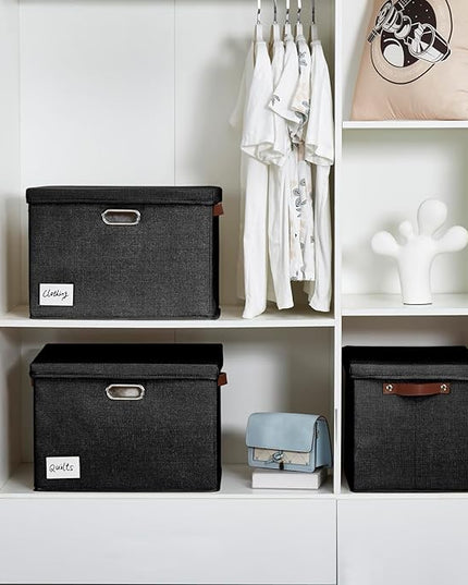 17" Large Collapsible Storage Bins with Lids, Stackable Closet Organizers with PU Handle and Labels, 3-Pack Decorative Fabric Storage Boxes for Home, Bedroom, Closet, Office, Nursery(Black)