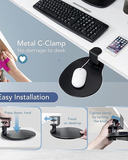 EHO Clamp on Mouse Platform, Clip on Pad Rotating 360 Degree, Ergonomic Mouse Tray Attachment, Mouse Pad, Slide Out Tray, Suitable for 1.5" Thickness Desk, for Home Office Desk Organizer (Platinum)
