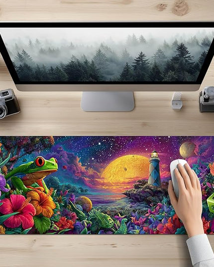 Large Mouse Pad Gaming Mousepad 31.5 x 11.8 Inch Keyboard Desktop Mat Diatomite XL Mouse Pad for Home and Office Desk Accessories with Fantasy Cosmic Frog Lighthouse Artwork Diatomite
