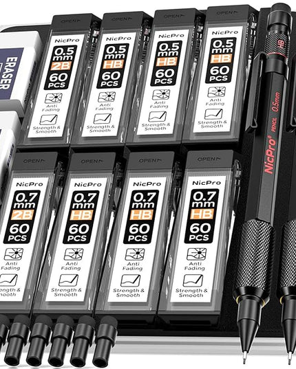 Nicpro 0.5 mm & 0.7 mm Mechanical Pencil Set with Case, MP2000 Metal Artist Mechanical Pencil With 6 Tube HB 2B Lead Refills, Eraser, Weatherproof Barrel for Outdoor Writing Drafting Sketching
