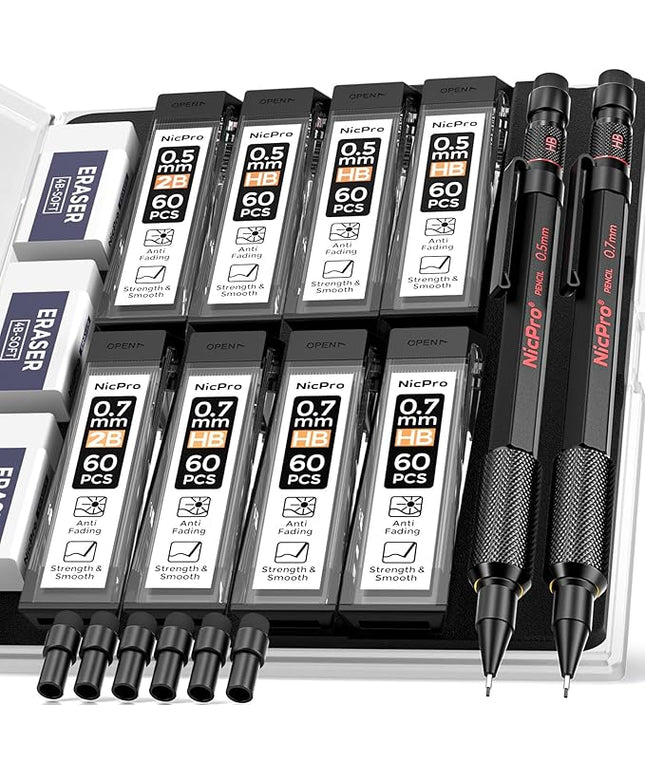 Nicpro 0.5 mm & 0.7 mm Mechanical Pencil Set with Case, MP2000 Metal Artist Mechanical Pencil With 6 Tube HB 2B Lead Refills, Eraser, Weatherproof Barrel for Outdoor Writing Drafting Sketching