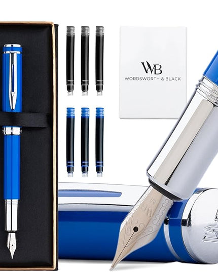 Wordsworth and Black Fountain Pen Mini EDC: Luxury Blue Heavy Pocket Pen, Chrome Finish, Medium Nib, 6 Ink Cartridges, Ink Converter, Travel Refillable Writing Pen Gift Set, Men & Women