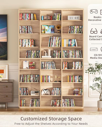 LELELINKY 8 Tier Tall Display Cabinet, Natural Media Storage Cabinet with Adjustable Shelves, Free Standing DVD Organizer Shelf, Floor multimedia storage manga bookshelf for Living Room & Home Office.