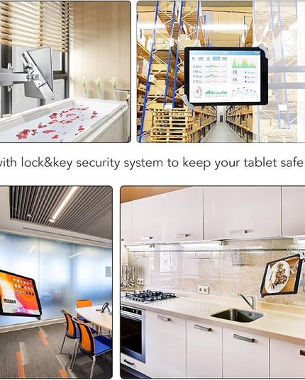Tablet Wall Mount Holder with fold,Extend Adjustable Arm Swivel &Anti Theft Security Lock &Key, Multi Angle,Bracket for Most 7 to10.8 Inch,for iPad 10.9&11,Galaxy tab,& More(Silver)